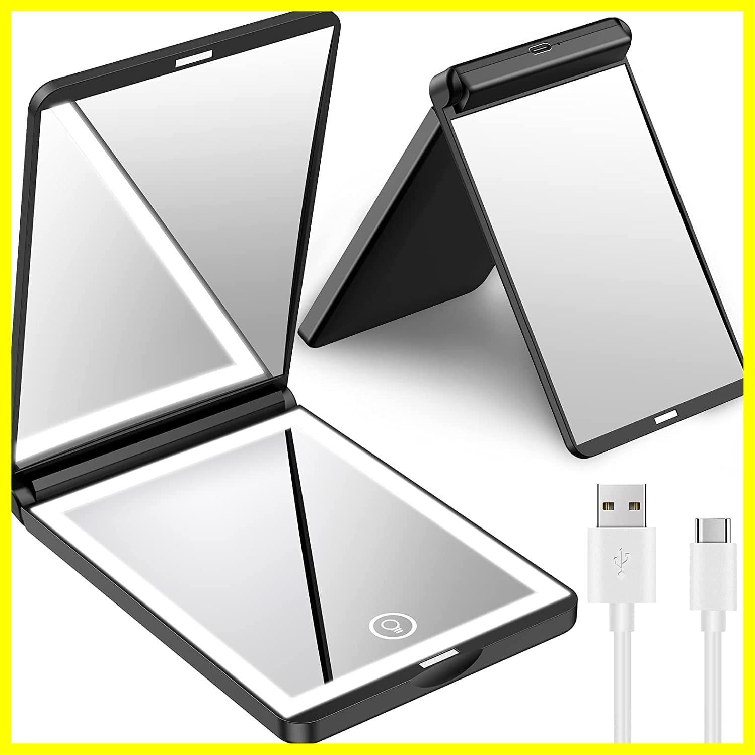 【在庫限定】【人気商品】LEDミラー 1X/3X両面鏡 コンパクト 拡大鏡 携帯ミラー 角度調整 メモリー機能 タッチパネル Type-C充電 オシャレ かわいい手鏡 マグネット開閉 ギフト (ブラック)