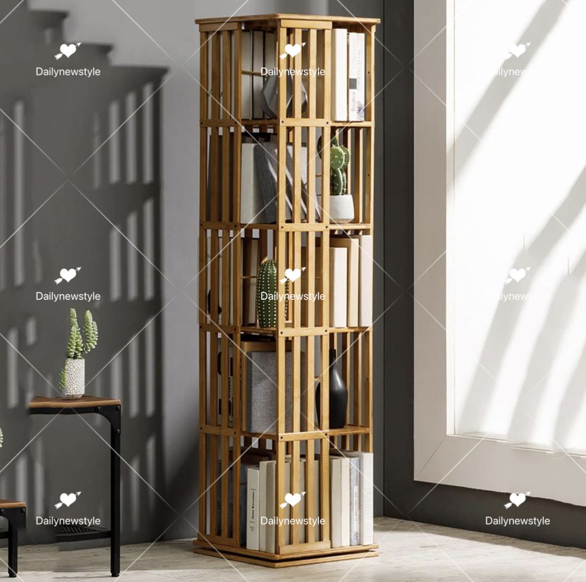 本棚 (回転式本棚) 絵本棚 木製 天然木 3段 4段 5段日本語説明書付きB