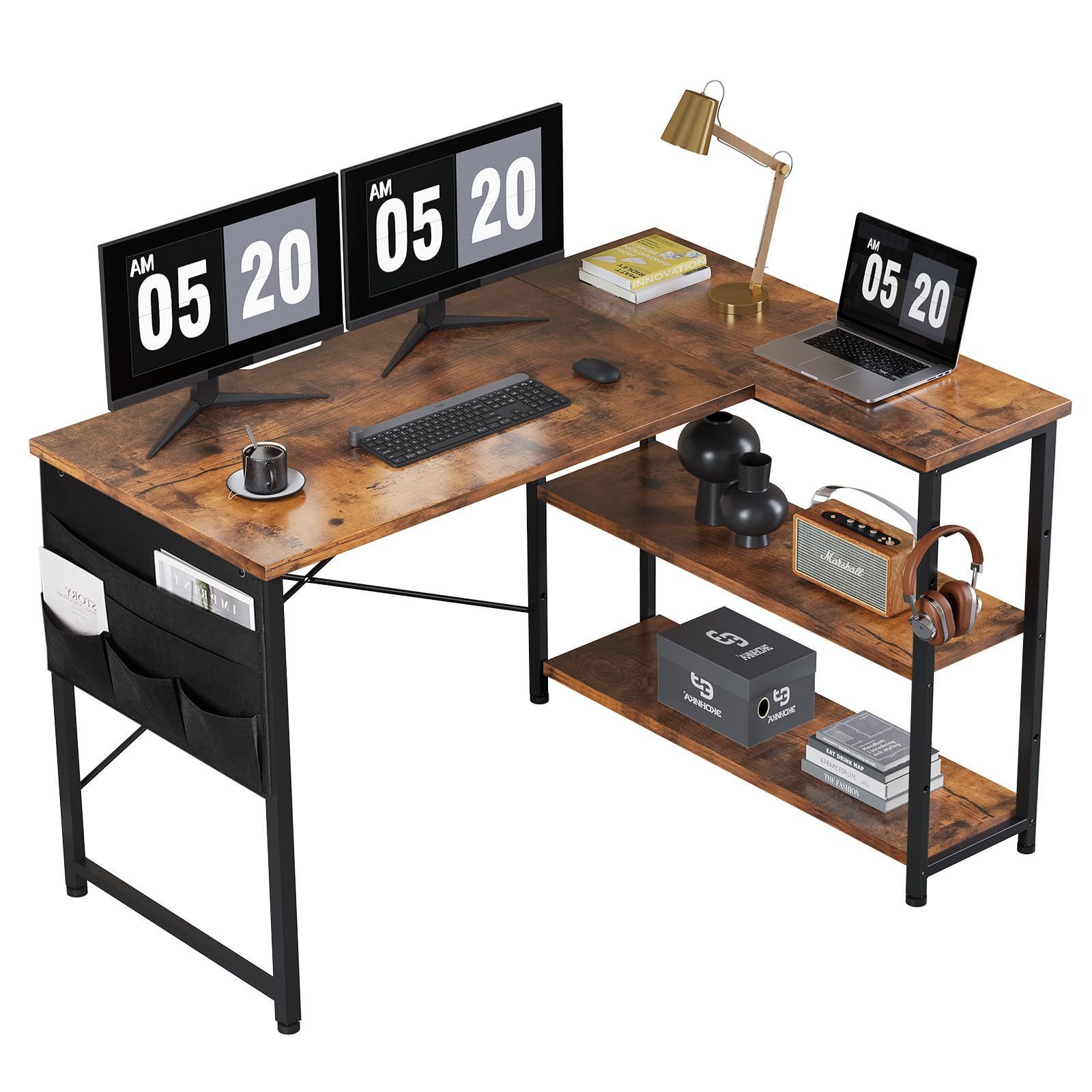 YeTom パソコンデスク 机 学習机 子 右棚左棚 幅107cm computer desk ゲーミングデスク l字デスク pcデスク 収納袋付き勉強机 ban hc コーナーデスク ワークデスク 本棚付きデスク ビンテージ