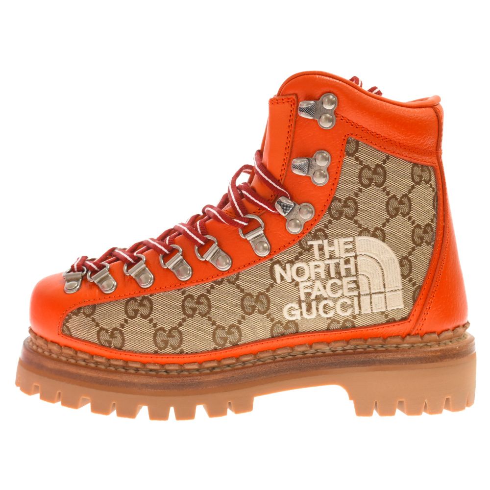 GUCCI (グッチ) 21AW×THE NORTH FACE Bottines ザノースフェイス GGロゴ 総柄レザーキャンバス  トレッキングブーツ ベージュ/オレンジ 679927
