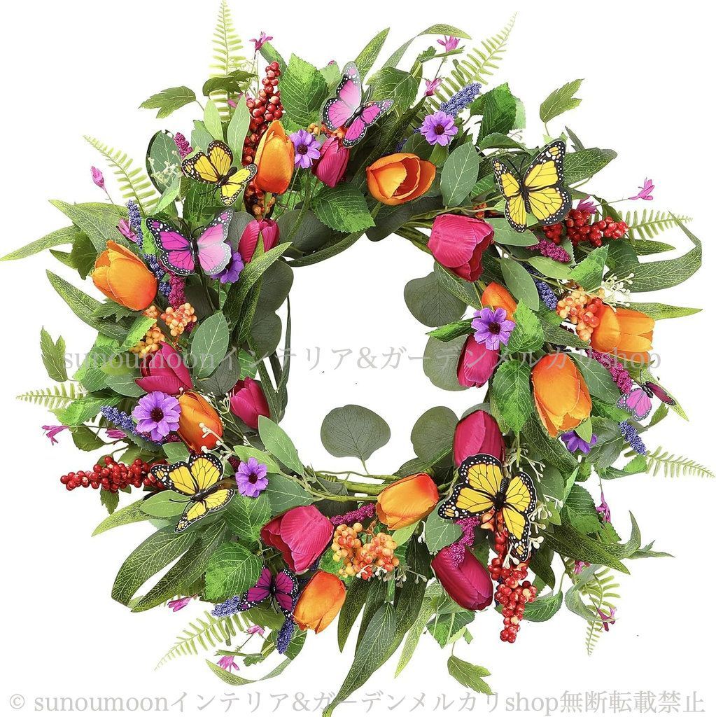 ガーデンオーナメント おしゃれ リース フェイク ガーデンインテリア 庭の装飾 グリーン 壁掛け 雑貨 お洒落 カラフル インテリア 蝶 ガーデニング ガーデン ガーデン雑貨 造花 チューリップ ガーデンオブジェ 8-14