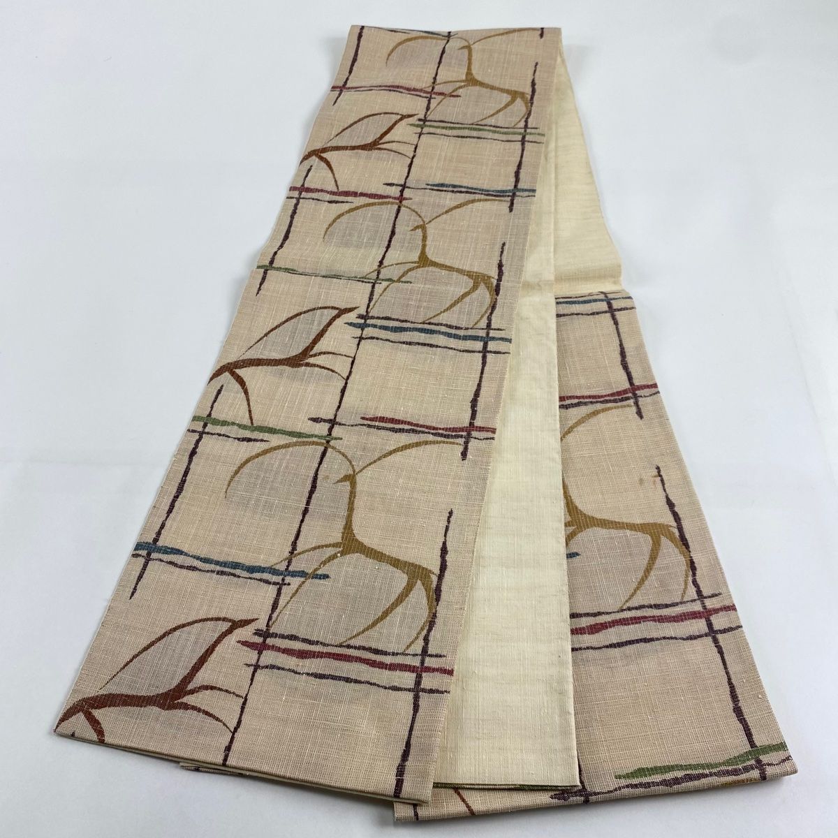 袋帯 秀品 紬地 鹿 幾何学模様 草木染 ベージュ 六通 正絹 【中古