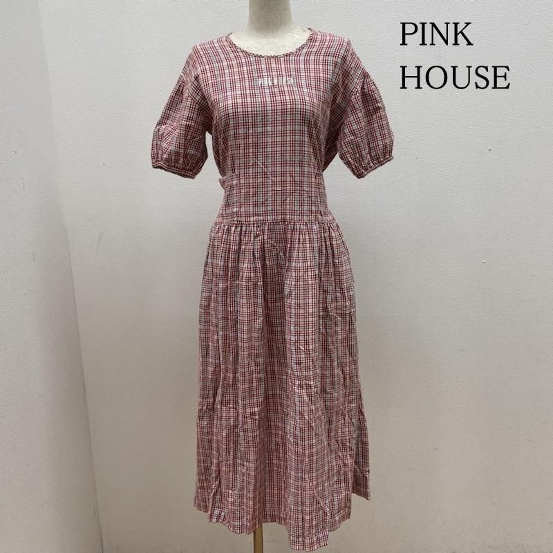 PINK HOUSE ピンクハウス ワンピース ロングスカート マルチ チェック ロング ワンピース 半袖 ロゴ プリント ウエストリボン