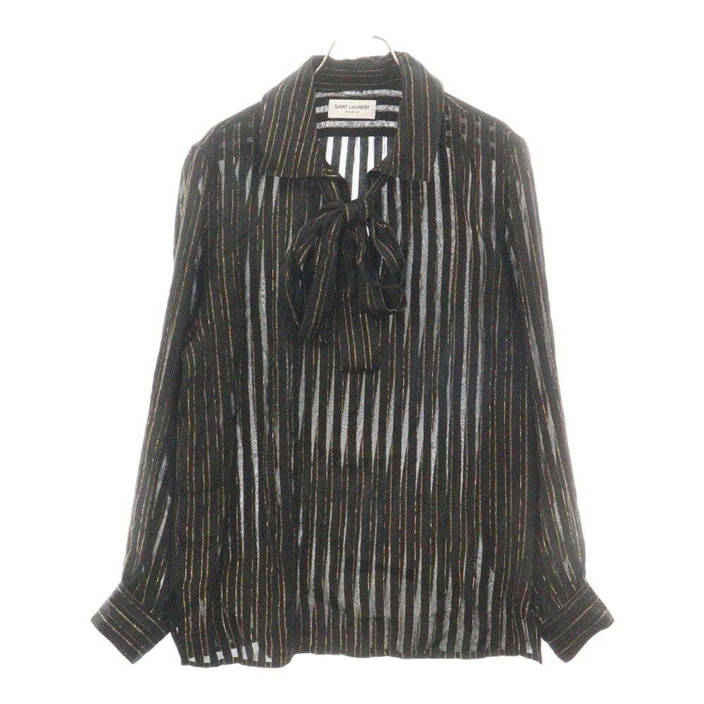 SAINT LAURENT PARIS (サンローランパリ) 22AW Chemise Blouse Lavalliere ストライプシルク長袖シャツ ボウタイブラウス ブラック 703499 Y1F34