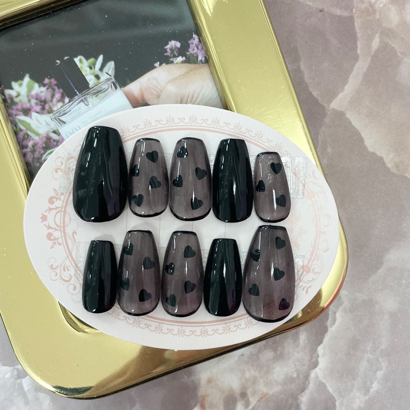 01))フレンチガーリー ハートネイル ネイルチップ ブラック ぷっくりネイル ネイルチップ シースルー ハート ブラック 黒 ガーリー - メルカリ