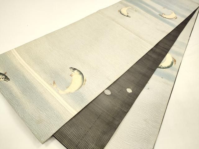 平和屋着物＊夏物 アンティーク 大正ロマン 両面 六通柄袋帯 刺繍 魚 抽象丸文 金銀糸 正絹 DAAY8178cm