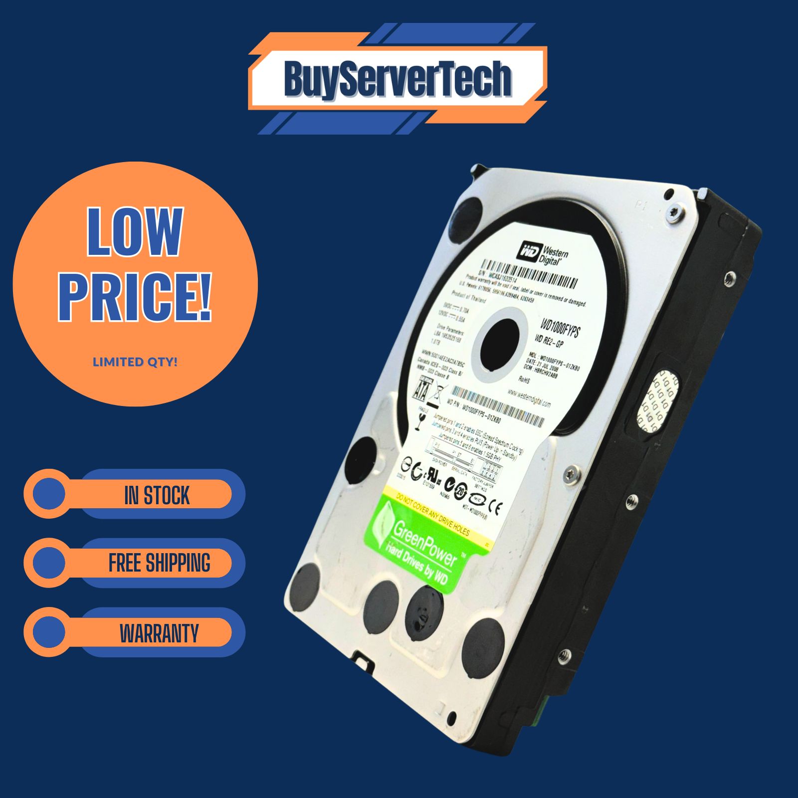 Western Digital GreenPower 1TB 7200RPM 3.5 SATA HDD WD1000FYPS RE2-GP 16MB キャッシュ 0HRS HDD
