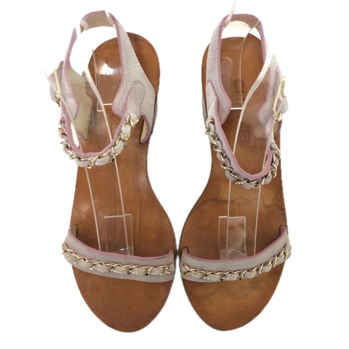 CHANEL ヒールサンダル　37.5 CHANEL シャネル チェーンストラップ ウッドヒール サンダル