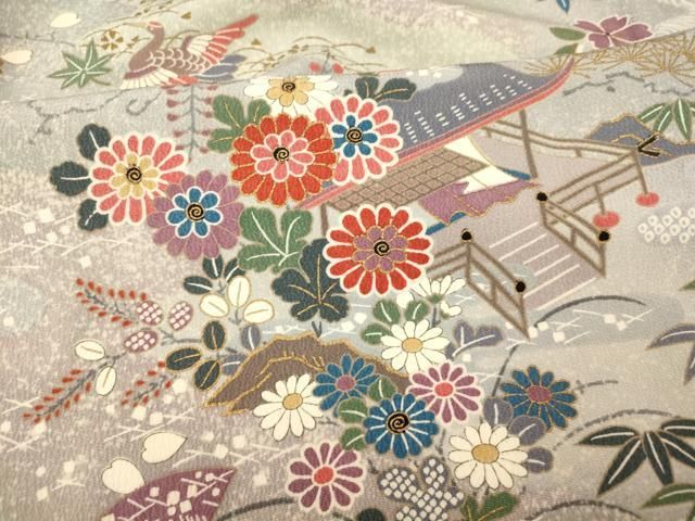 平和屋着物▽上質な色無地 単衣 草花地紋 青磁鼠色 正絹