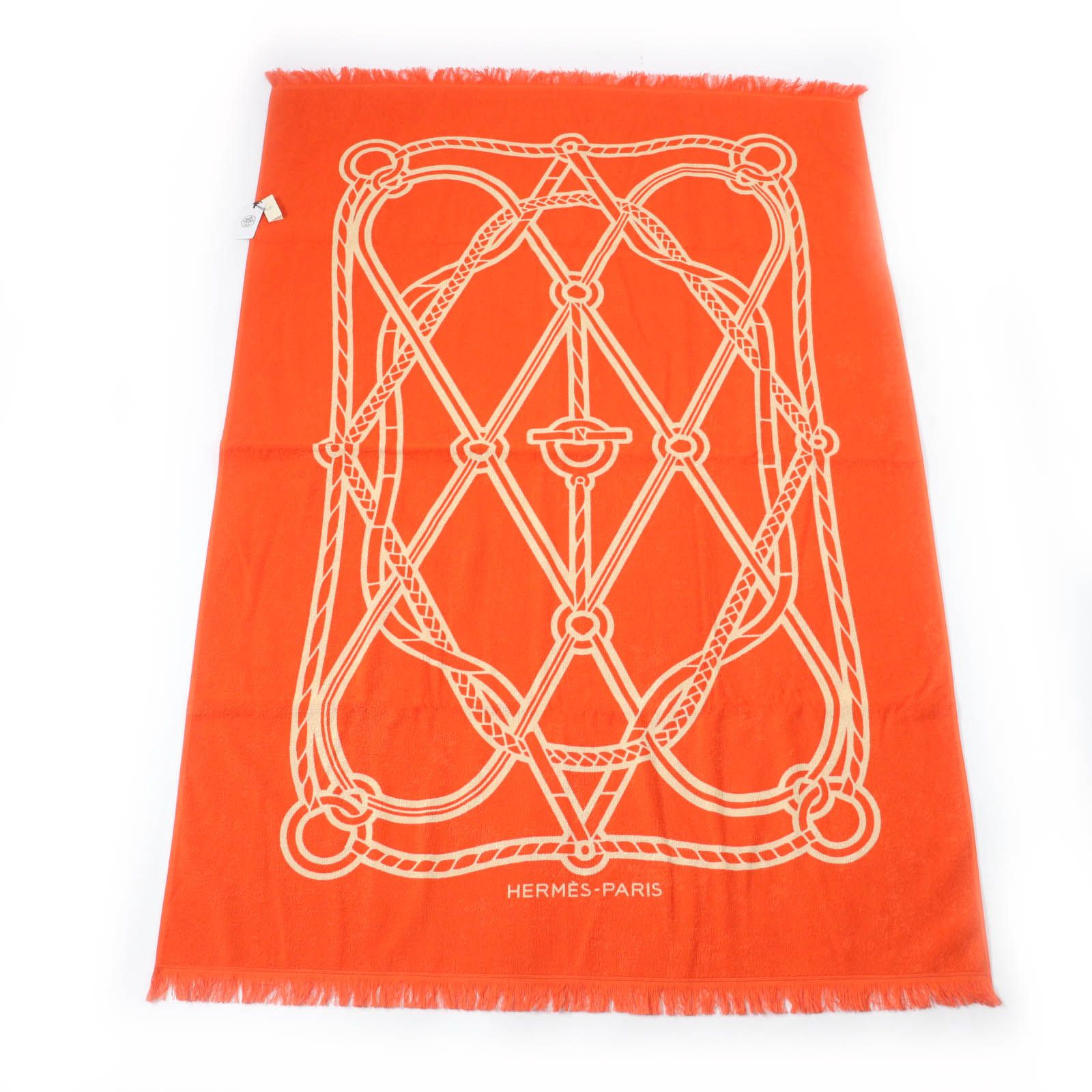 ♥品 HERMES エルメス Yachting Tatoo Tressages Marins コットン100％ 22年 フリンジ付 ビーチバスタオル オレンジ き フランス製 レディース