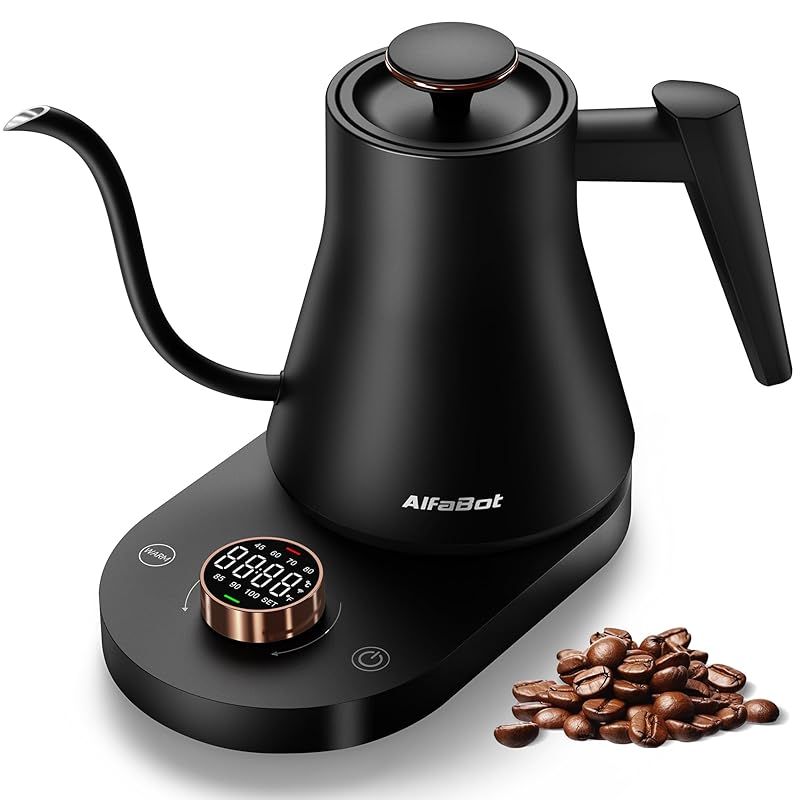 AlfaBot 電気ケトル 温度調節 コーヒーケトル 細口 ドリップケトル 1℃単位温度設定 1.0L大容量 空焚き防止 急速沸騰 8時間保温 LED表示パネル 電気ポット お手入れ簡単 お茶 コーヒー 0