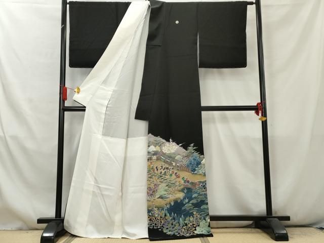 平和屋着物●豪華黒留袖 渡橋人物風景文 正絹 AABB4239cs