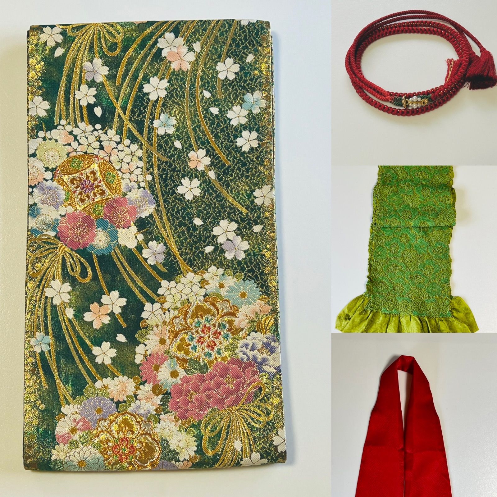 (あ744)アンティーク振袖㊗️ポップな色柄 幾何学 本絞り 刺繍 帯他3点セット 正絹 刺繍振袖 黄土色 牡丹刺繍 美品 蝶 辛子 花柄 からし お