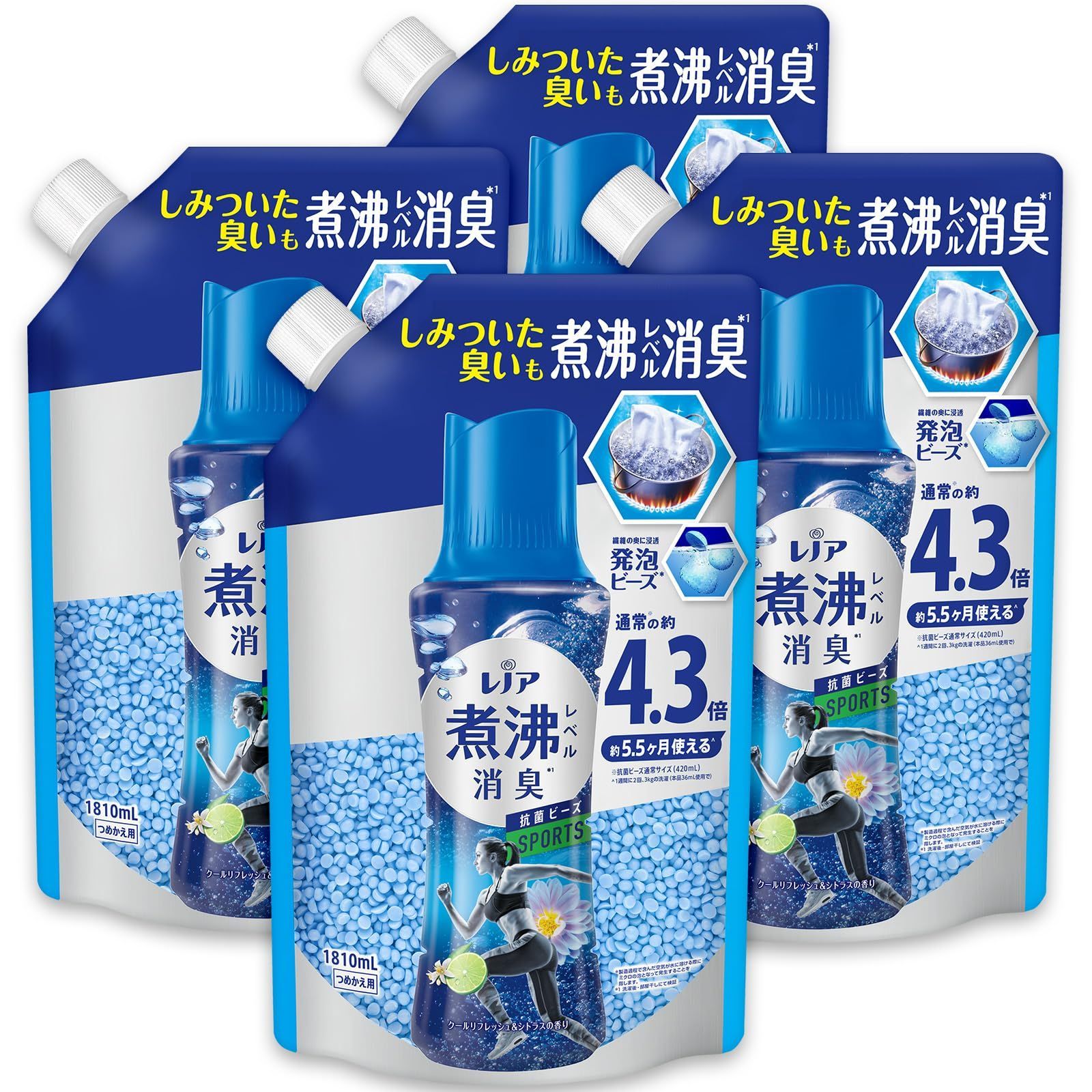 詰め替え 1810mL×4袋 レノア 超消臭 煮沸レベル消臭 抗菌ビーズ SPORTS クールリフレッシュ-シトラス 詰め替え 1 810mL×4袋 大容量 ケース品