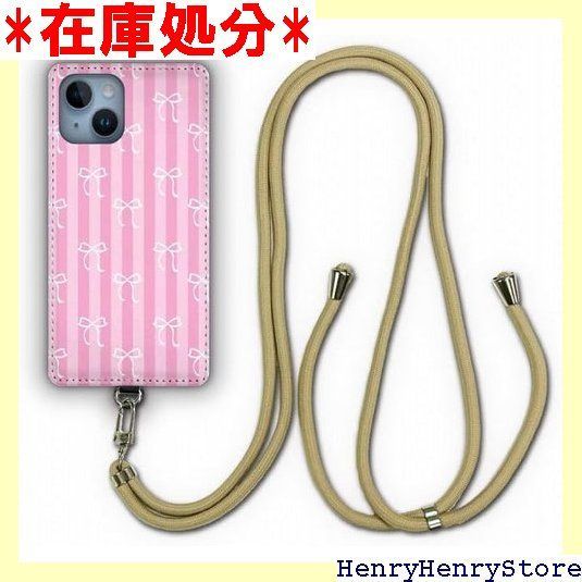スマホショルダーケース iPhone15互換品 スマホケース スマホショルダー 肩掛け 首かけ 斜め掛け アイフォン15互換品 ケース カバー ショルダーストラップ スマホカバー大澤和美 デザイン ピンク ストライプ リボン 女の子 ギャル 1285