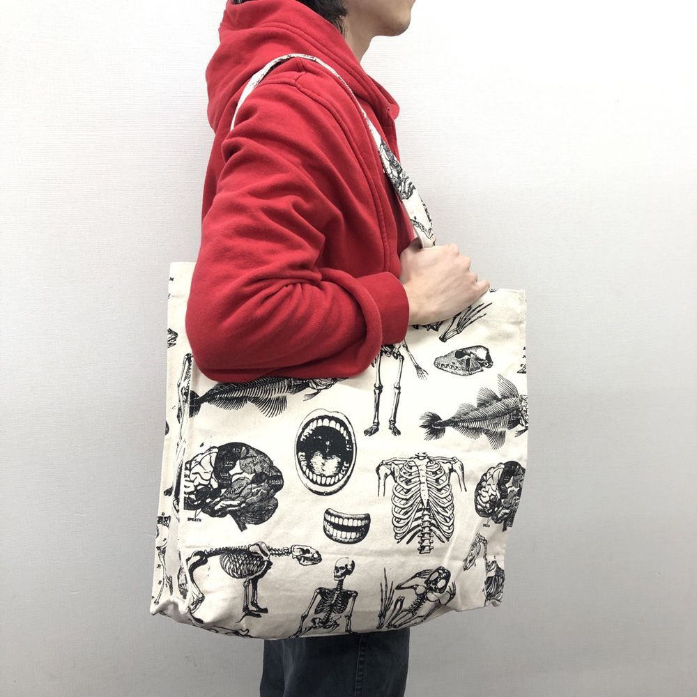 【新品】骨・標本 総柄 キャンバス スクエア トートバッグ カバン 鞄 生成り