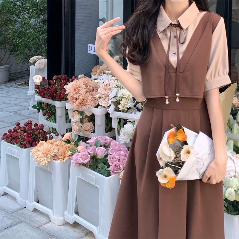 韓国 レイヤード風 ワンピース フレア ウエストリボン レトロ レトロガーリー♡レイヤード風リボンタイワンピース F0735 | retro_n