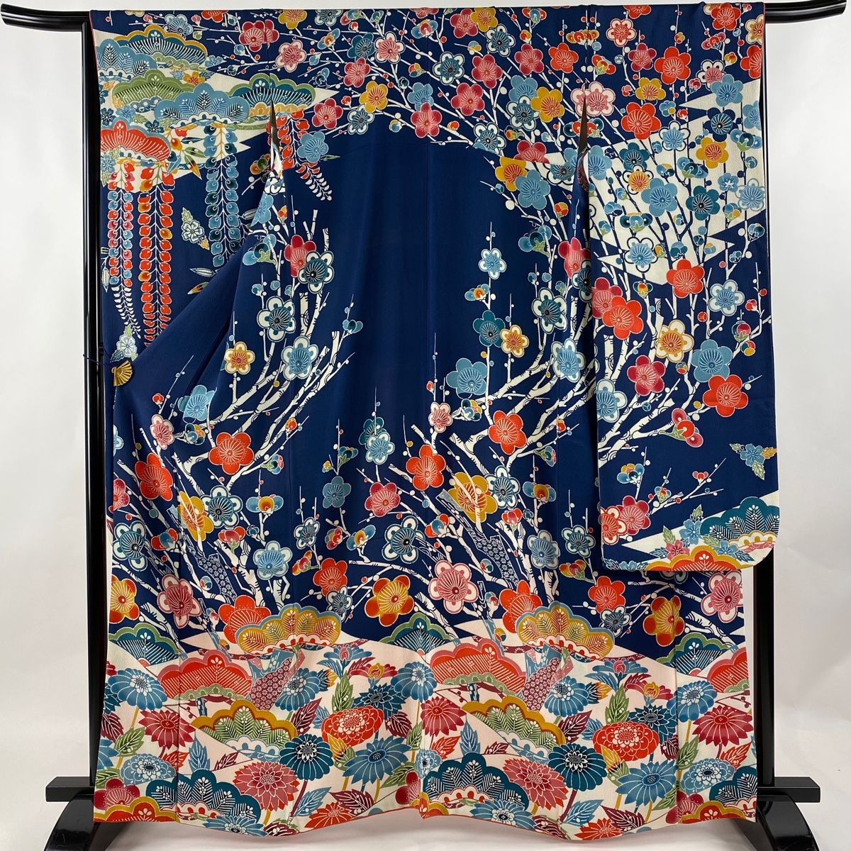 振袖 身丈162cm 裄丈67cm M 袷 枝梅 草花 縮緬 藍色 正絹 名品-