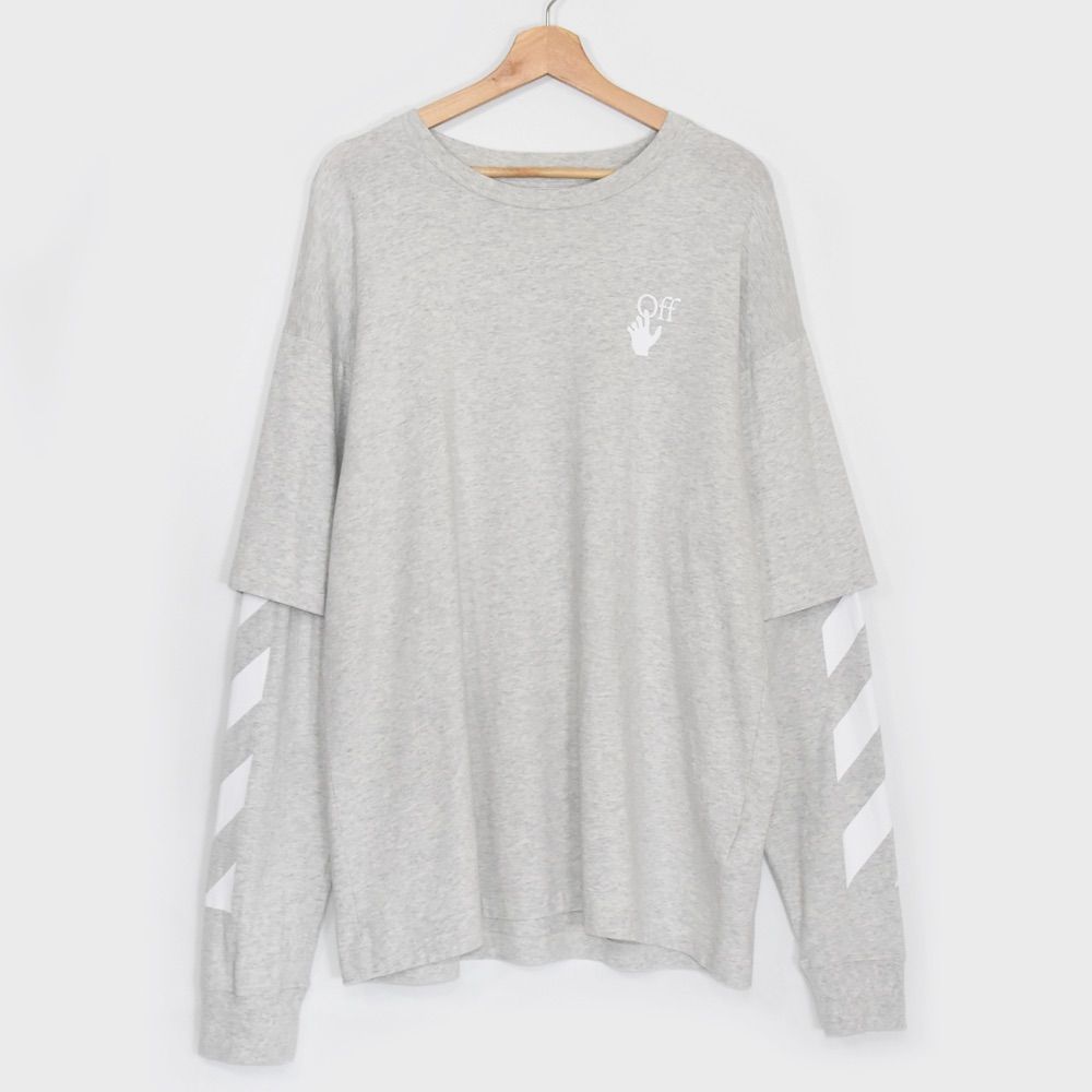 OFF-WHITE オフホワイト バックアロー レイヤード 重ね着風 ロンT Tシャツ 長袖 カットソー Sサイズ グレー 杢 2020AW 夏