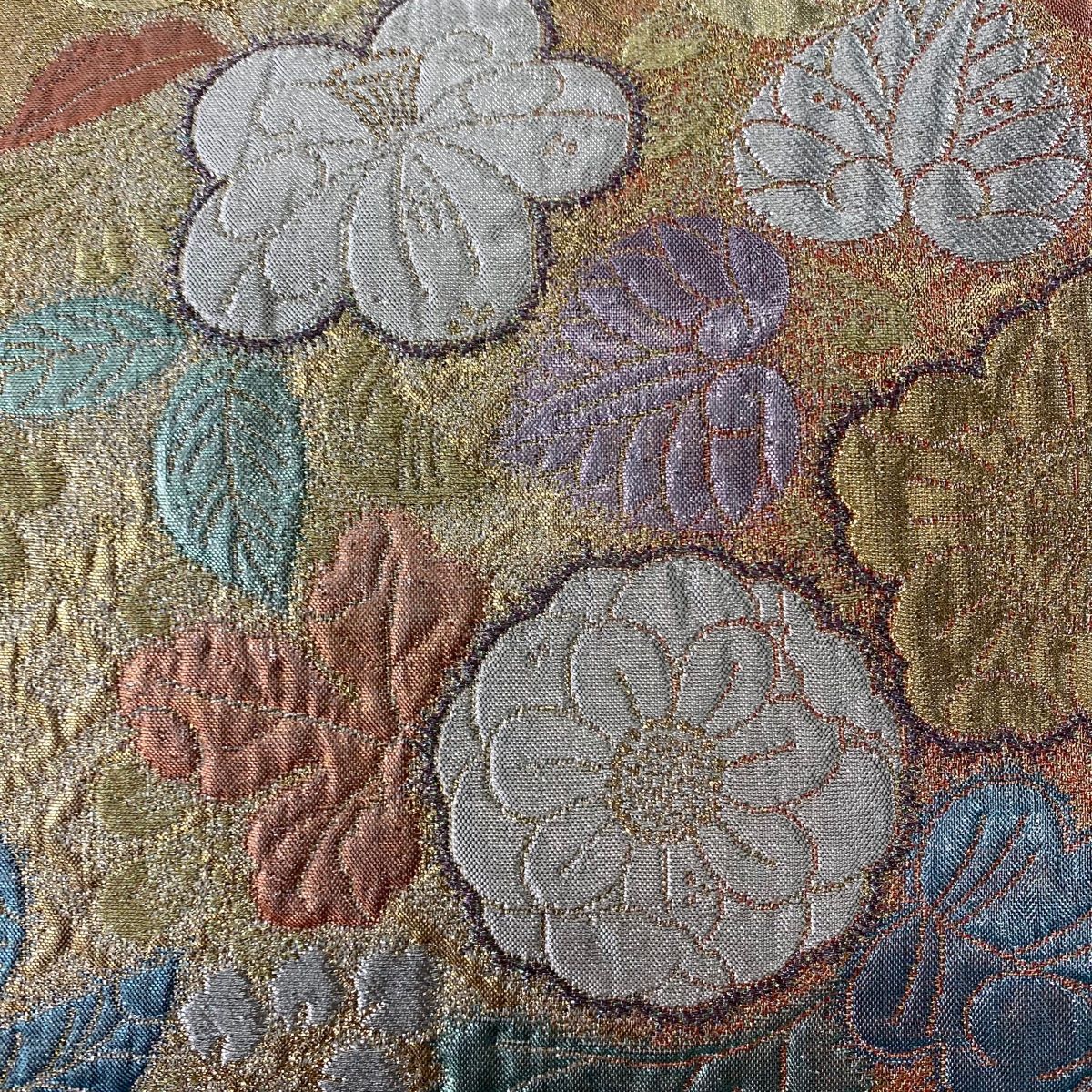 数量限定】 草花 秀品 美品 袋帯 更紗 【中古】 正絹 六通 金色 箔