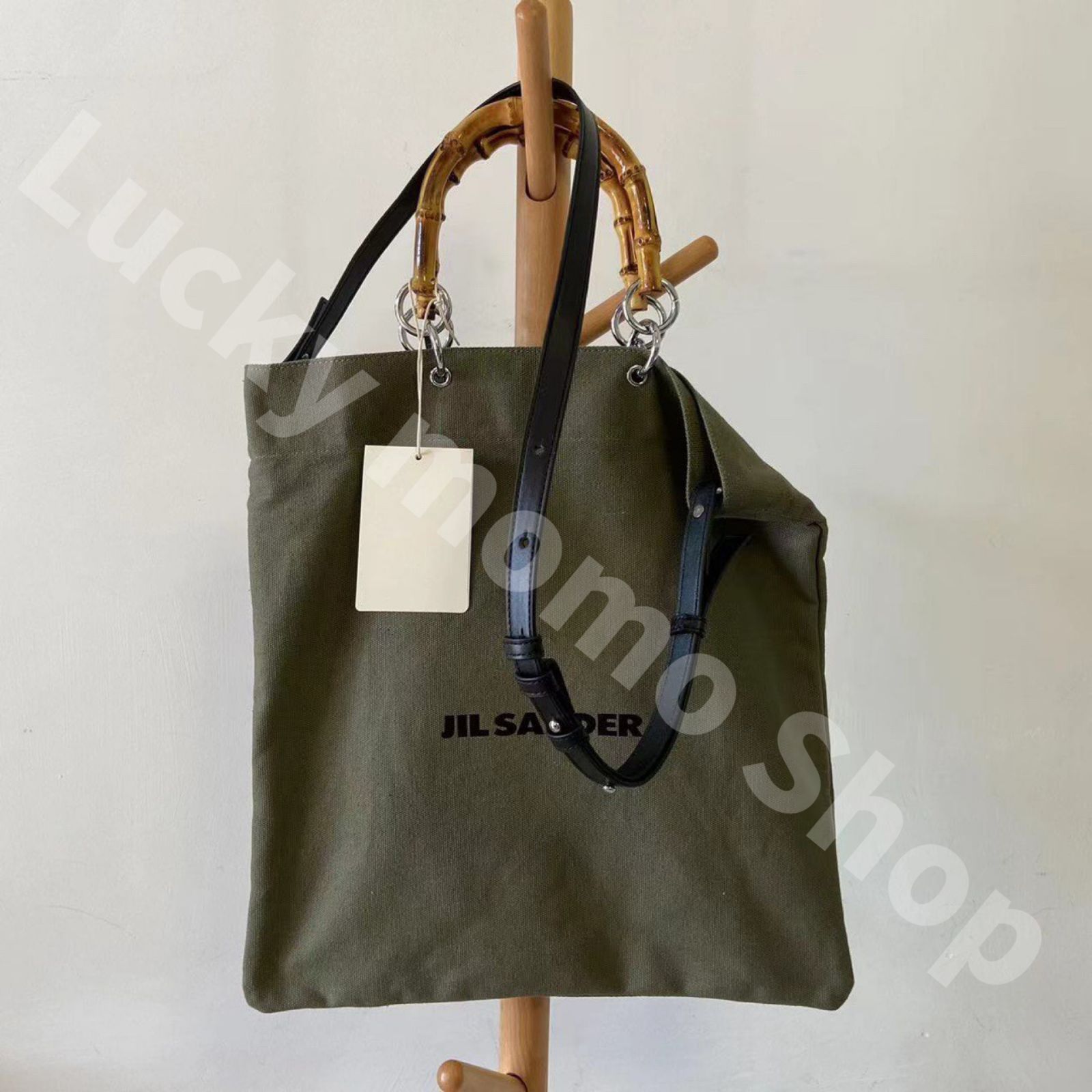 大人気 新品 JIL SANDER BAMBOO SHOPPER SQUARE ジルサンダー ファッション メンズ レディース バッグ バンブーハンドル ロゴプリント トートバッグ ハンドバッグ ショルダーバッグ アーミーグリーン