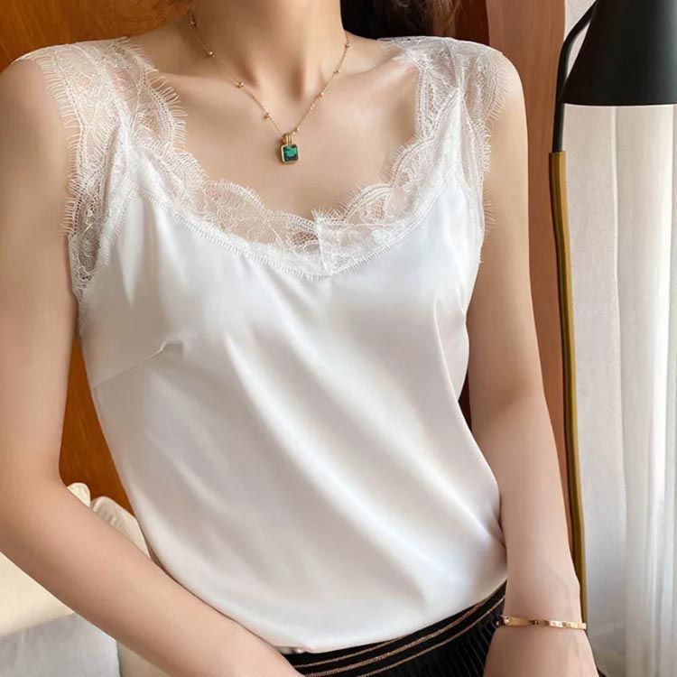 レース付き レディース シルクタッチ キャミソール スーツインナー おしゃれ シルクキャミ レース付き サテンスリップ シルク ストレッチ かわいい S M L XL 2XL dkhsh591224