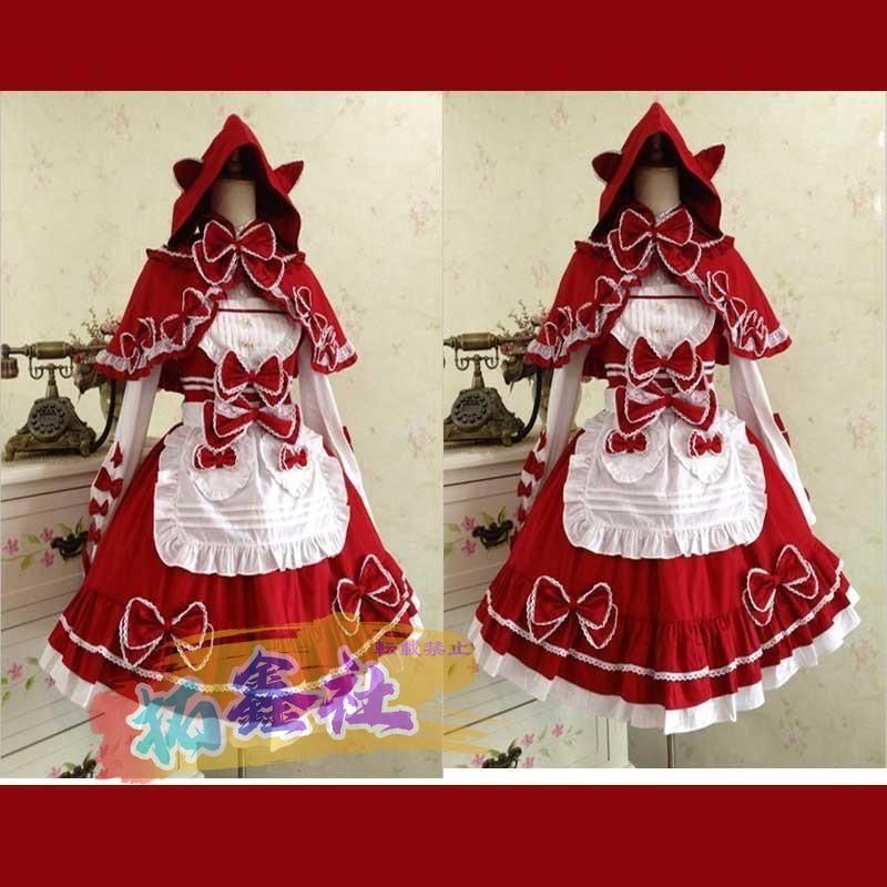 受注生産|S|M|L|XL|2XL 赤ずきん ロリータ 洋服 マント メイド ワンピース コスプレ レース 赤 レッド 4点セット