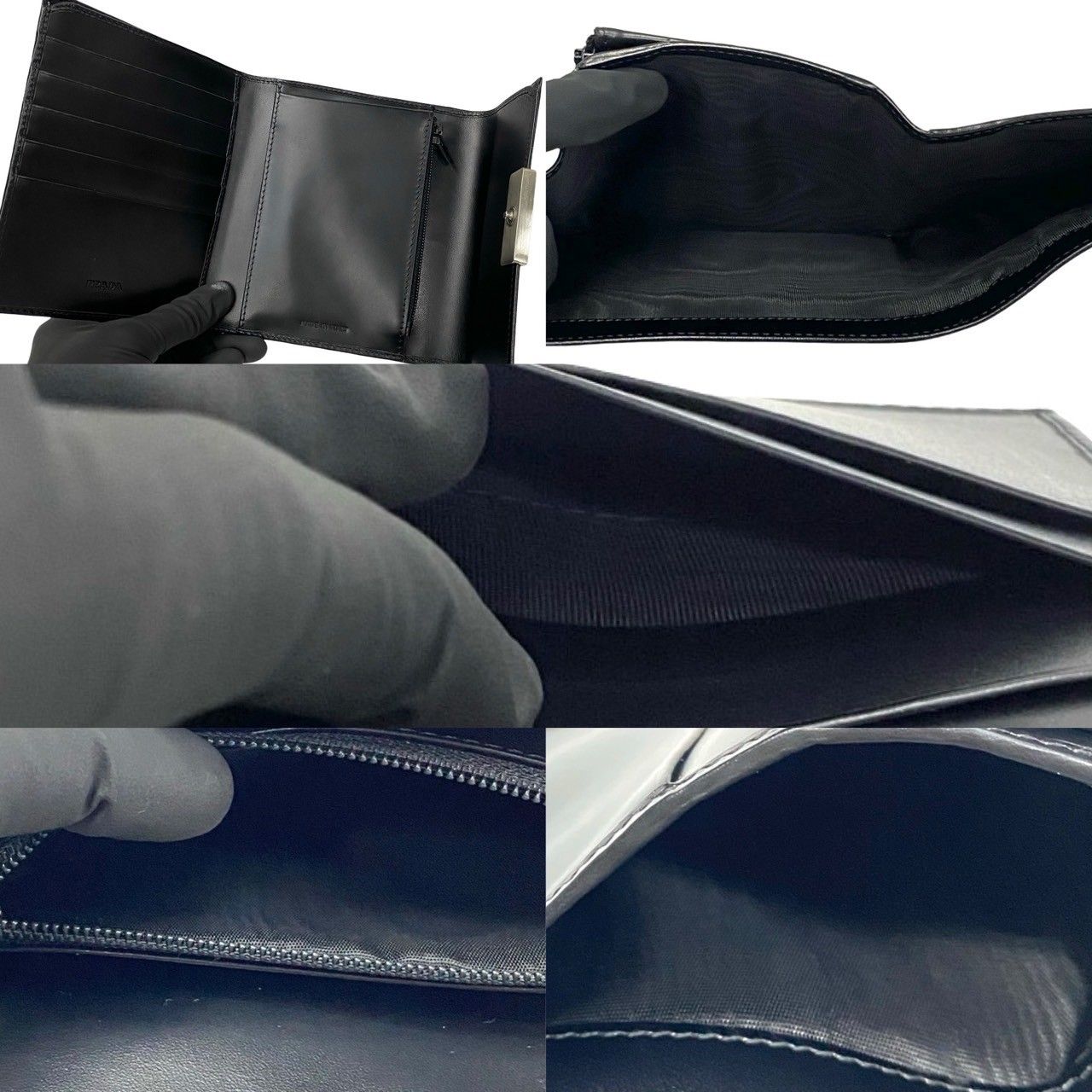 ほぼ未使用 希少 PRADA プラダ ロゴ 刻印 カーフ レザー 本革 三  