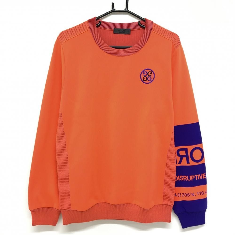 超 ジーフォア セーター 蛍光オレンジ系×パープル ニット 袖ロゴ メンズ 3 XL ゴルフウェア G|FORE