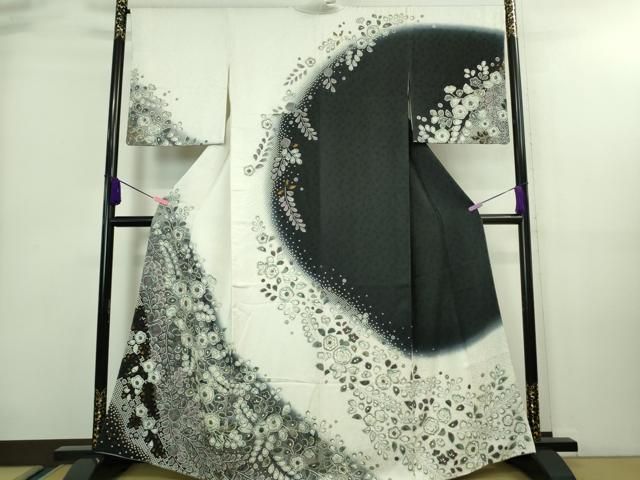 平和屋着物□極上 訪問着 辻が花 暈し染め 白×黒 金彩 逸品 未使用