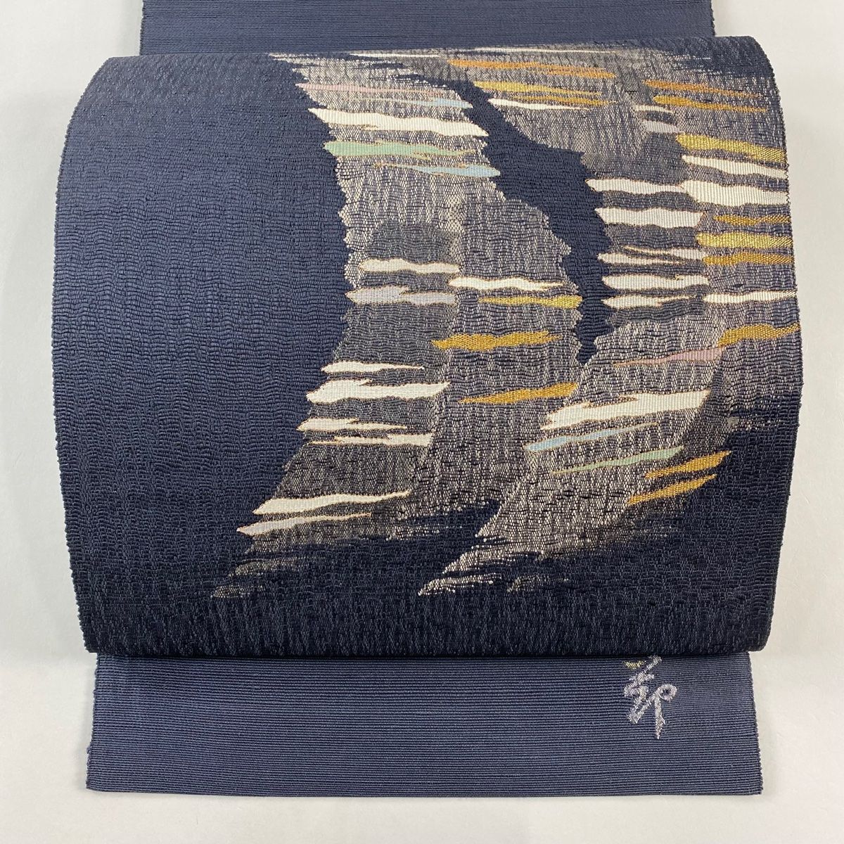 名古屋帯 秀品 落款 八寸名古屋帯 松葉仕立て 幾何学模様 霞 金糸 墨色 正絹