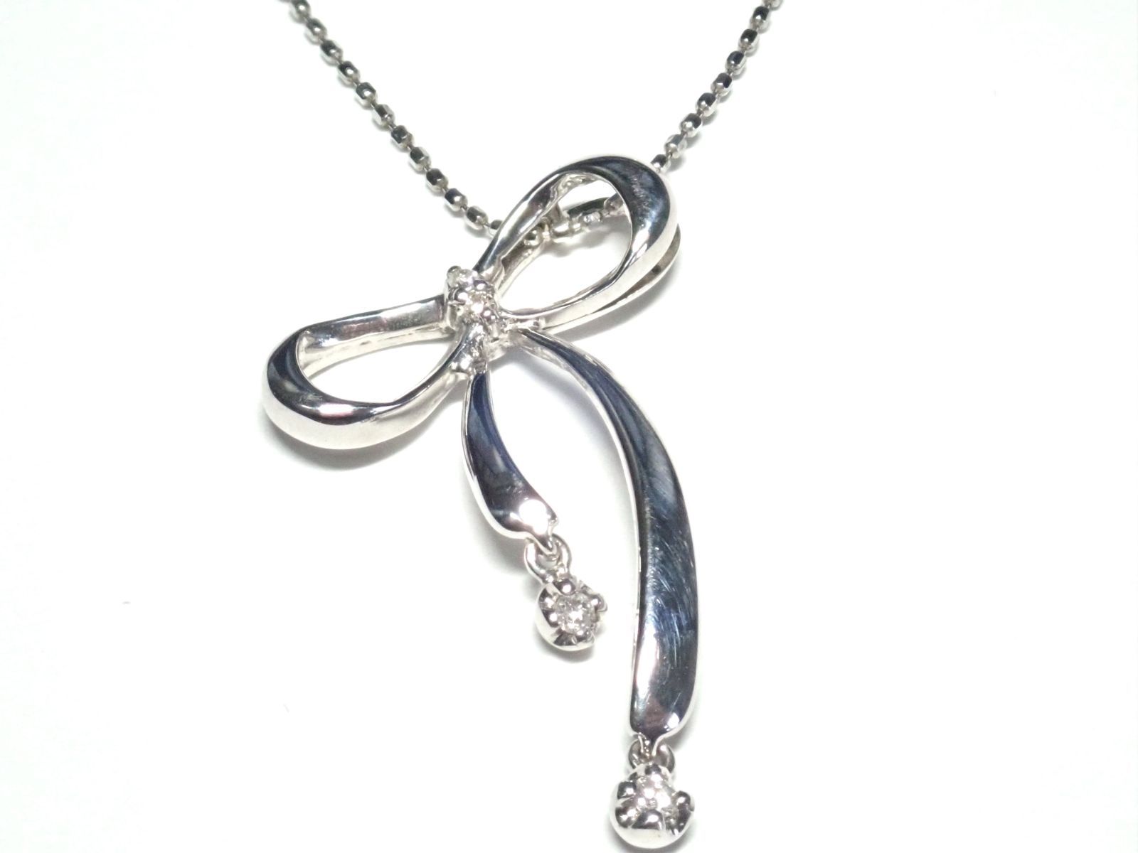 029.K10WG ネックレス D 0.05ct リボン Diamond Necklace 40.0cm