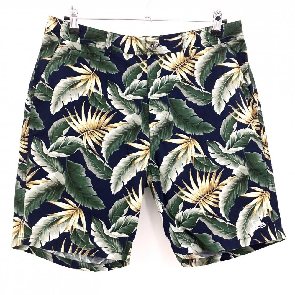 【超美品】ニューエラ ハーフパンツ ネイビー×グリーン リーフ柄 ウエスト調節紐付 コットン100％ メンズ LARGE ゴルフウェア New Era