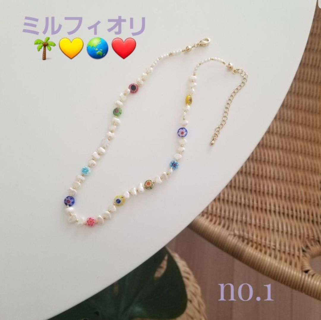 ミルフィオリ×淡水パール×カラフルビーズ《ネックレス/チョーカー 