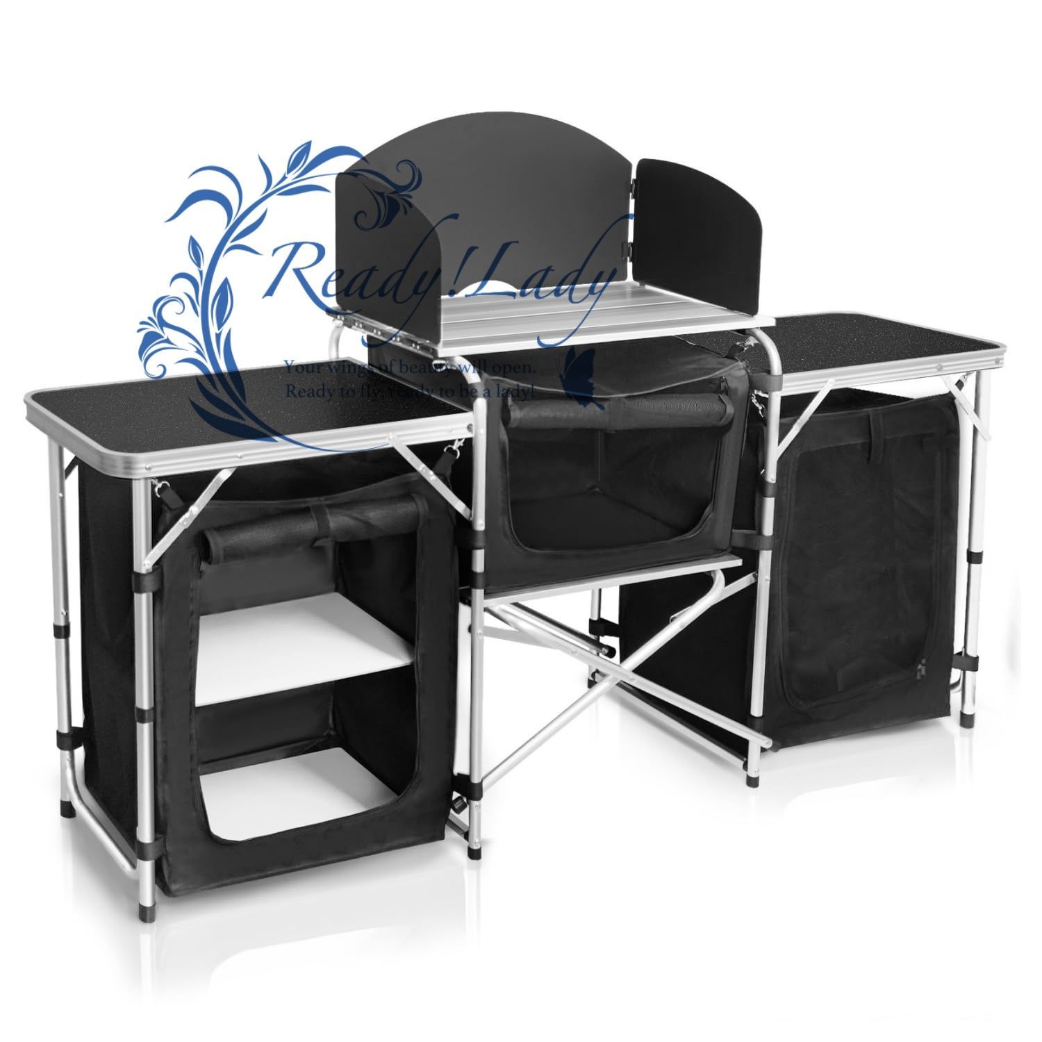 キャンプ テーブル アウトドア移動キッチン 折りたたみテーブル アルミ製 調理台 収納棚付き 防風板付き キャンプパーティーやRV旅行に最適 ブラック