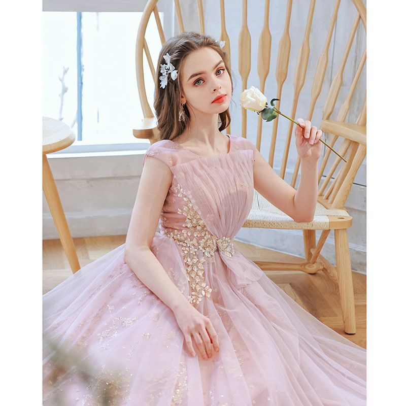 レディースエレガントドレス イブニングドレス パーティードレス ウェディングドレス 結婚式 披露宴 演奏会 Aライン フラワードレス ピンク