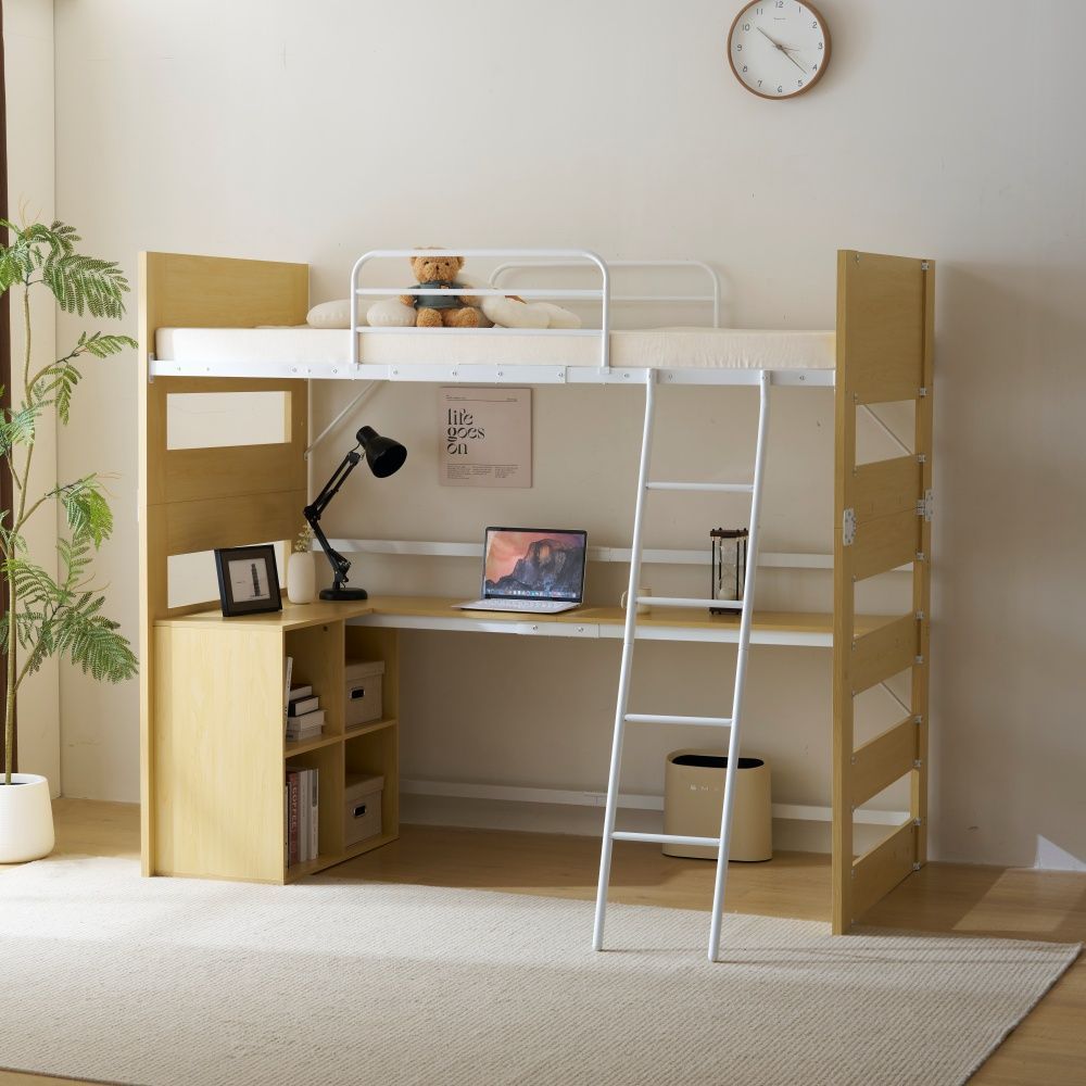 赤字価格ｘ NANAMIロフトベッド 頑丈 階段 天然木 パイン材 収納 シングル デスク付き 北欧風 大人 一人暮らし 上下分割 ベッド 木製 ロフトベッド ナチュラルxホワイト