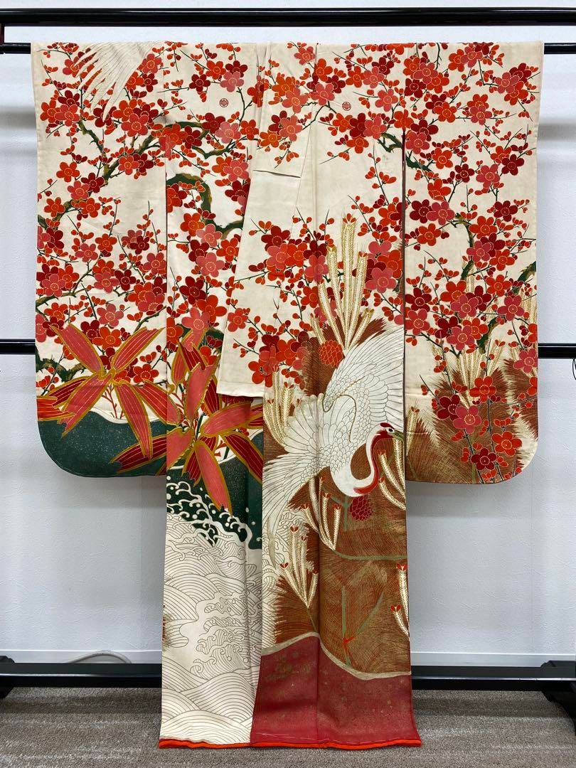 アンティーク 振袖 金駒 金彩 相良刺繍 鶴 松竹梅 正絹 身丈162cm 紋付