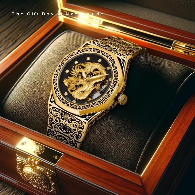 1個 ユース メンズ ゴールデンスチールバンド ビジネススタイル ラインストーン 輝く彫刻ドラゴン メカニカルウォッチ