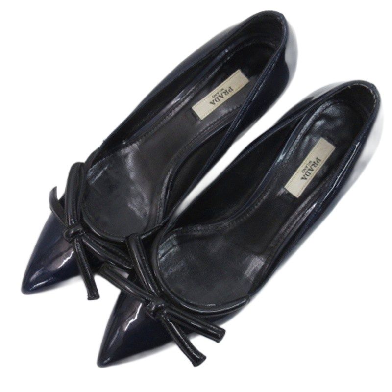 PRADA エナメルパンプス ヒール ロゴ金具 リボン ブラック 36 00003765-1.jpg
