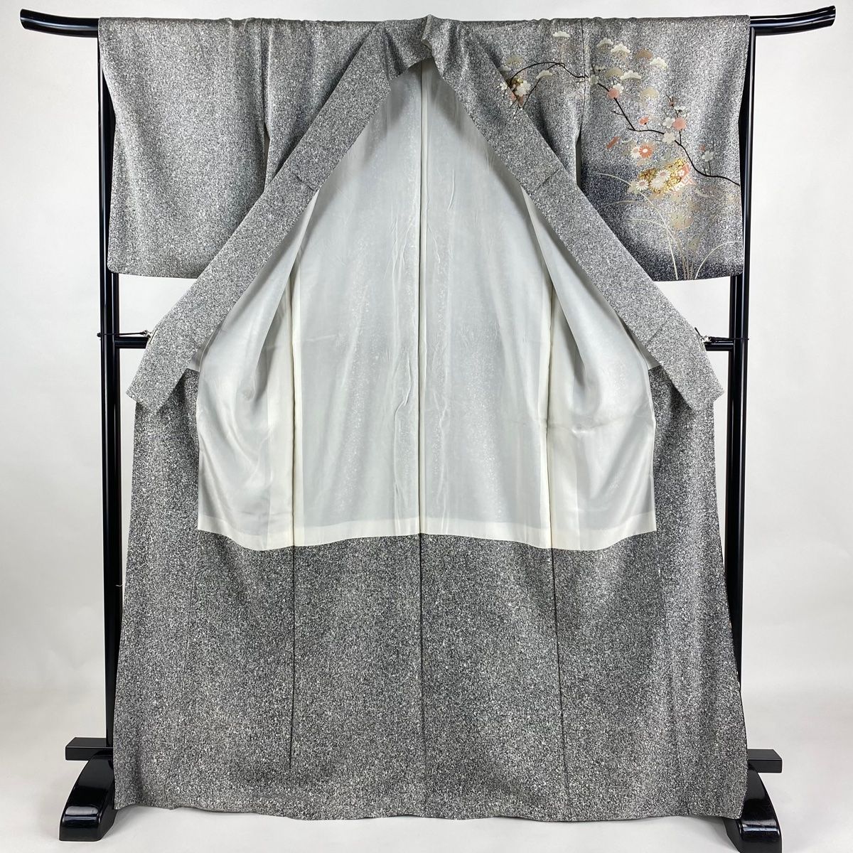 訪問着 身丈168.5cm 裄丈67cm M 袷 松梅 冊子 金彩 ぼかし 黒灰 正絹  