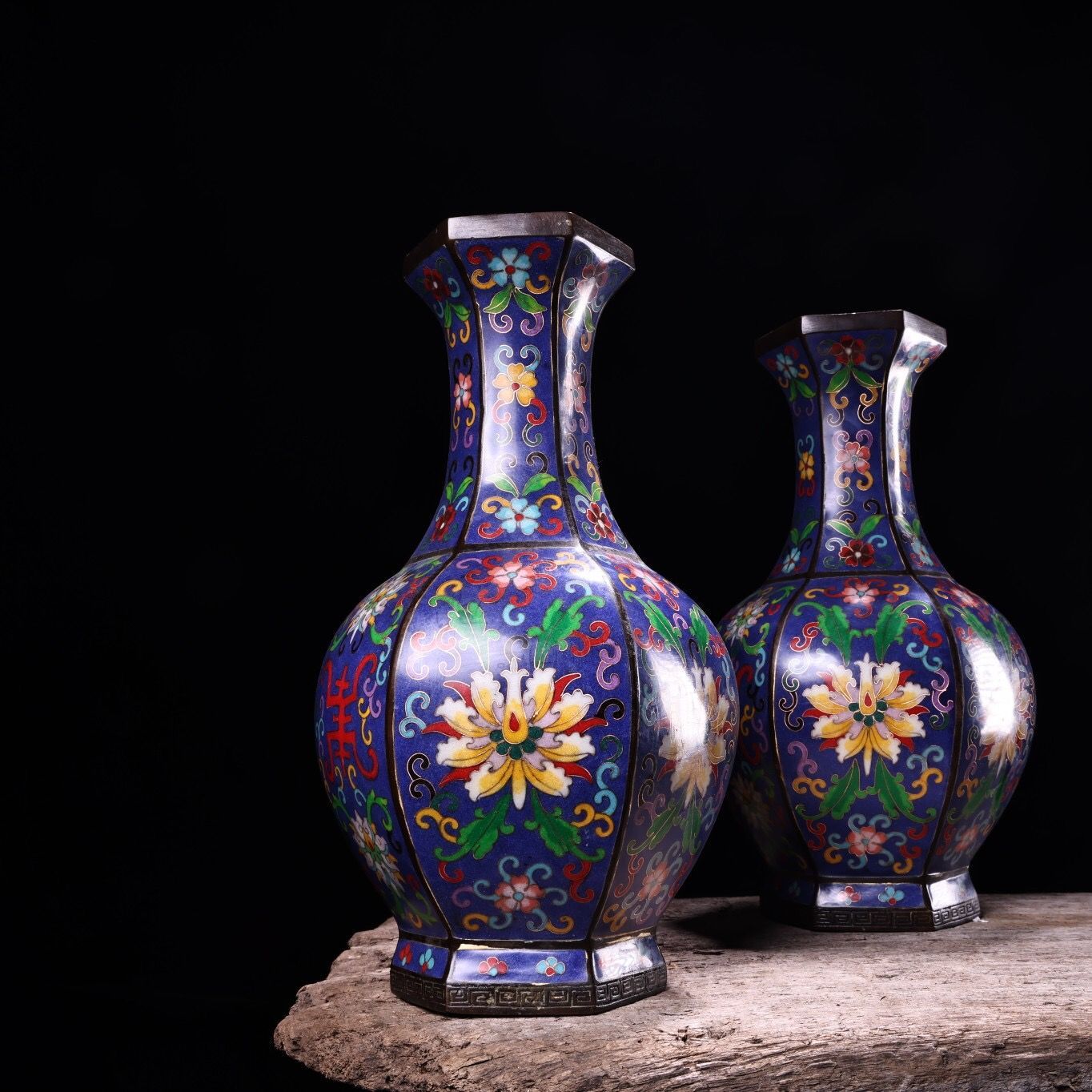 旧家蔵出し 銅製 景泰藍 琺瑯彩 龍鳳紋 花瓶一對 供養品 古美術品