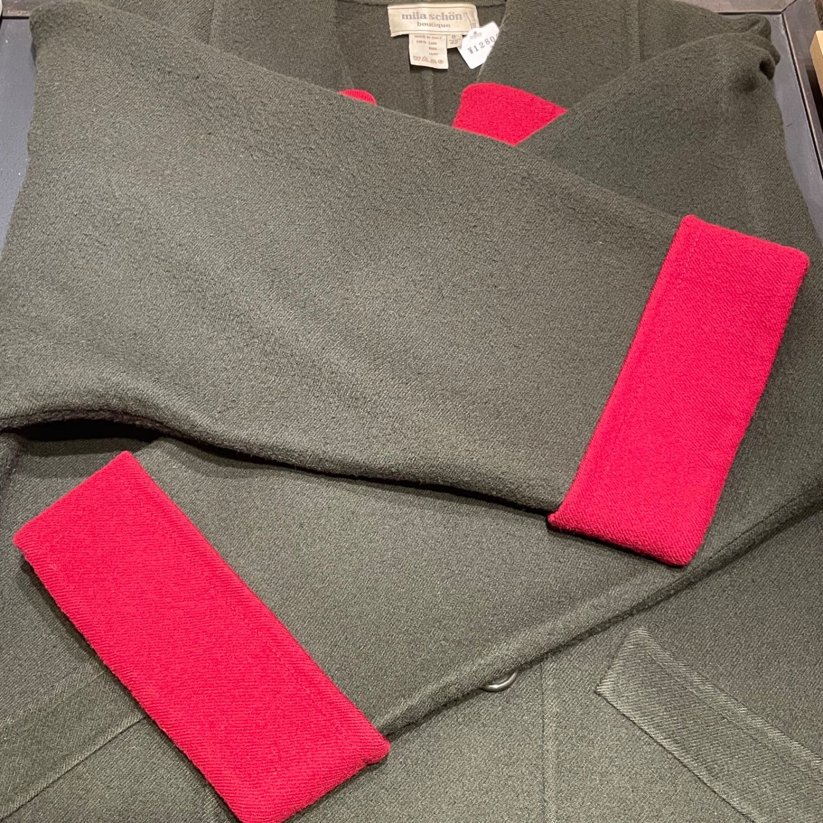 mila schön ミラ ショーン イタリア製 ウールショール コート ダークグリーン×レッド SIROKUMA-CORPORATION_COM