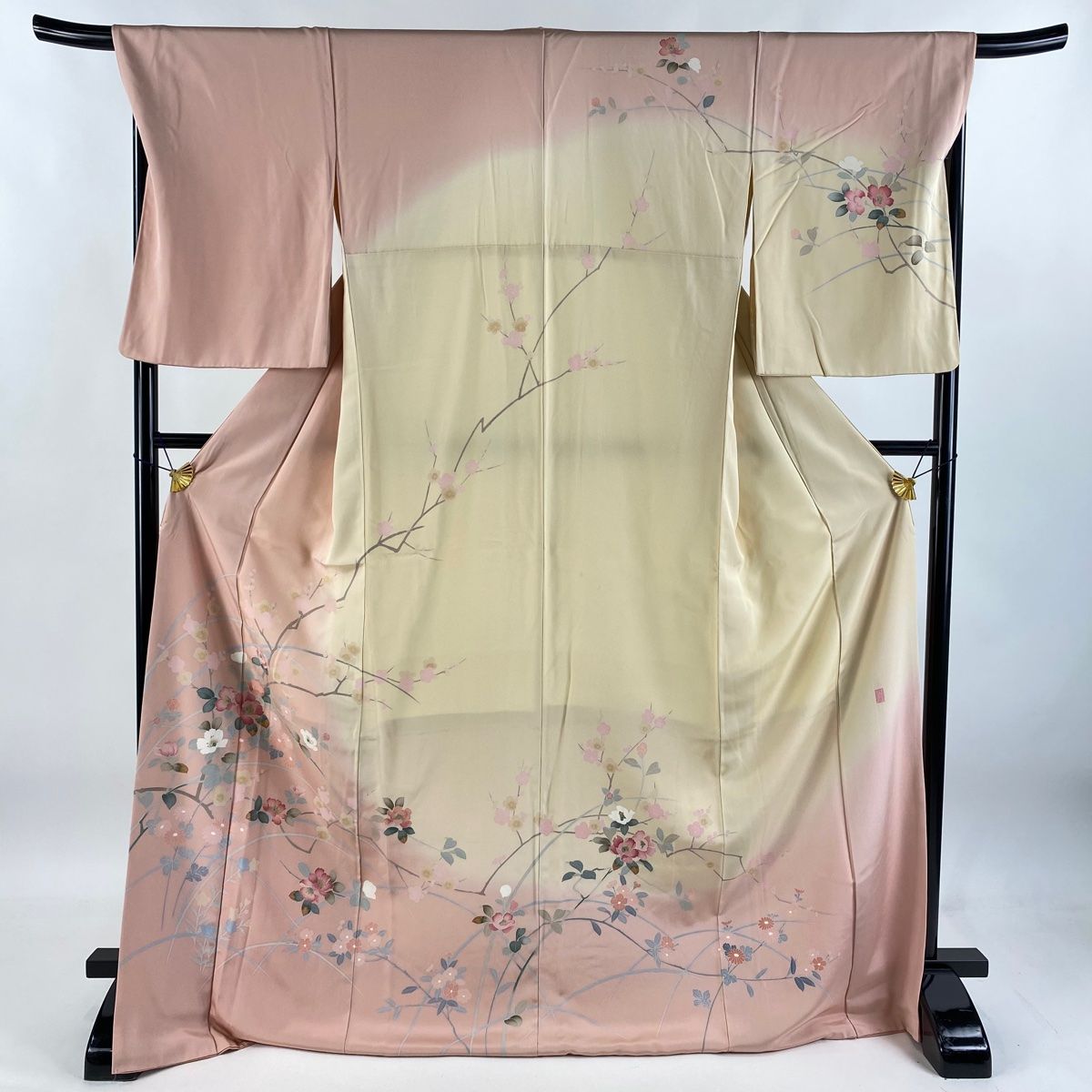 訪問着 身丈174.5cm 裄丈69cm L 袷 落款 枝花 草花 ぼかし ピンクベージュ 正絹 名品