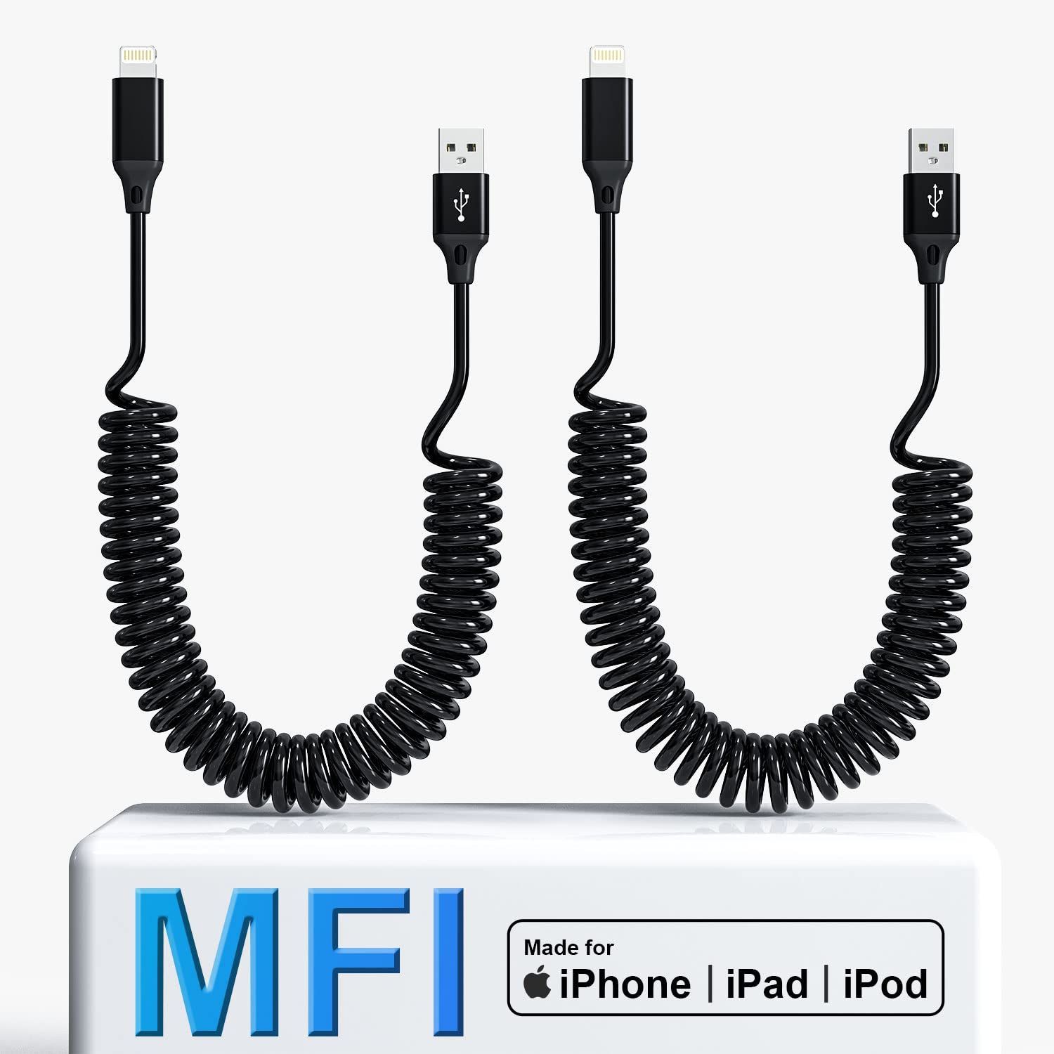 ライトニングケーブル カールコード、MFi認証 u0026 CarPlay対応 iPhone充電ケーブル 2.4A充電と高速データ転送ケーブル、iphone ケーブル 伸縮 高耐久 iPhone/iPad/iPodに対応 iOS対応
