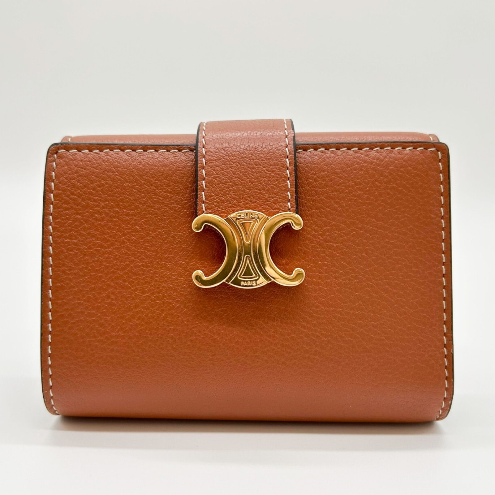 CELINE セリーヌ トリオンフ ファインストラップウォレット レザー ブラウン ゴールド金具 コンパクトウォレット 折り財布 三つ折り財布 レディース