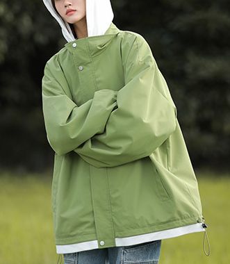 フルーツグリーン×ホワイト マウンテンパーカー レディース 春秋 アウター パーカー ゆったり フード付き カジュアル おしゃれ ジャケット 通学 通勤 体型カバー