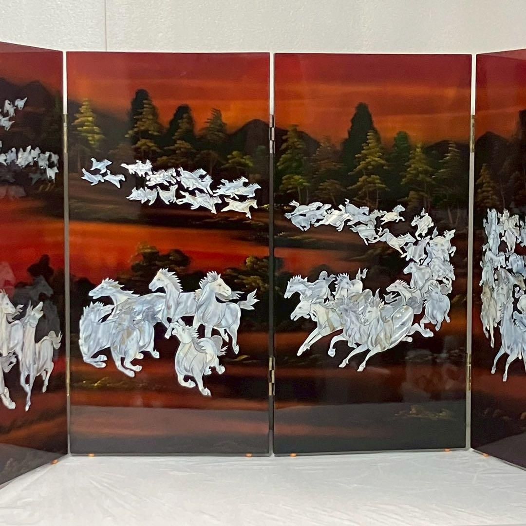 【特大】螺鈿細工 パーテーション 衝立「馬倒成功」 高さ：150cm 螺鈿細工 パテーション 衝立 「馬倒成功」 4連衝立 漆塗り 百