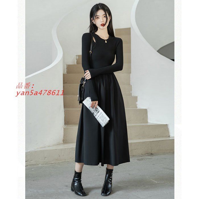 長袖トップニット ロングスカートワンピース 黒 カジュアル 大人 上品 韓国 レディース 服 デート yan5a478611