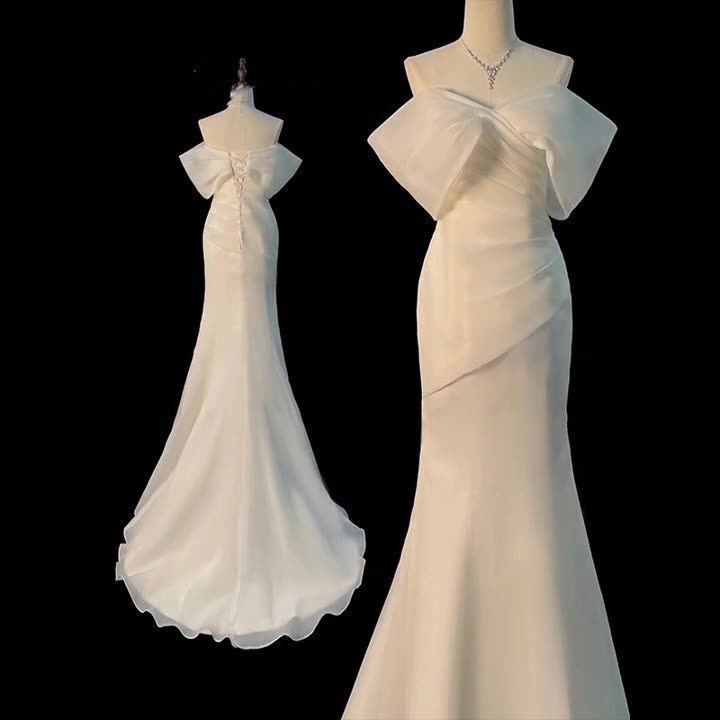 一字肩サテン軽婚<!-利用不可文字-!> フィッシュテール小トレイン付き新婦ドレス 旅撮りにぴったり アイリーヌショップ